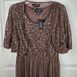 Candalite Medium Brown Sequin Tulle Bolero Cape Dress Waist Tie Formal Prom Long